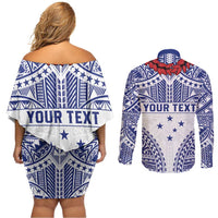Personalised Toa Samoa Rugby Spirit Couples Matching Off Shoulder Short Dress and Long Sleeve Button Shirt White Samoan Tribal Pattern LT9 - Polynesian Pride
