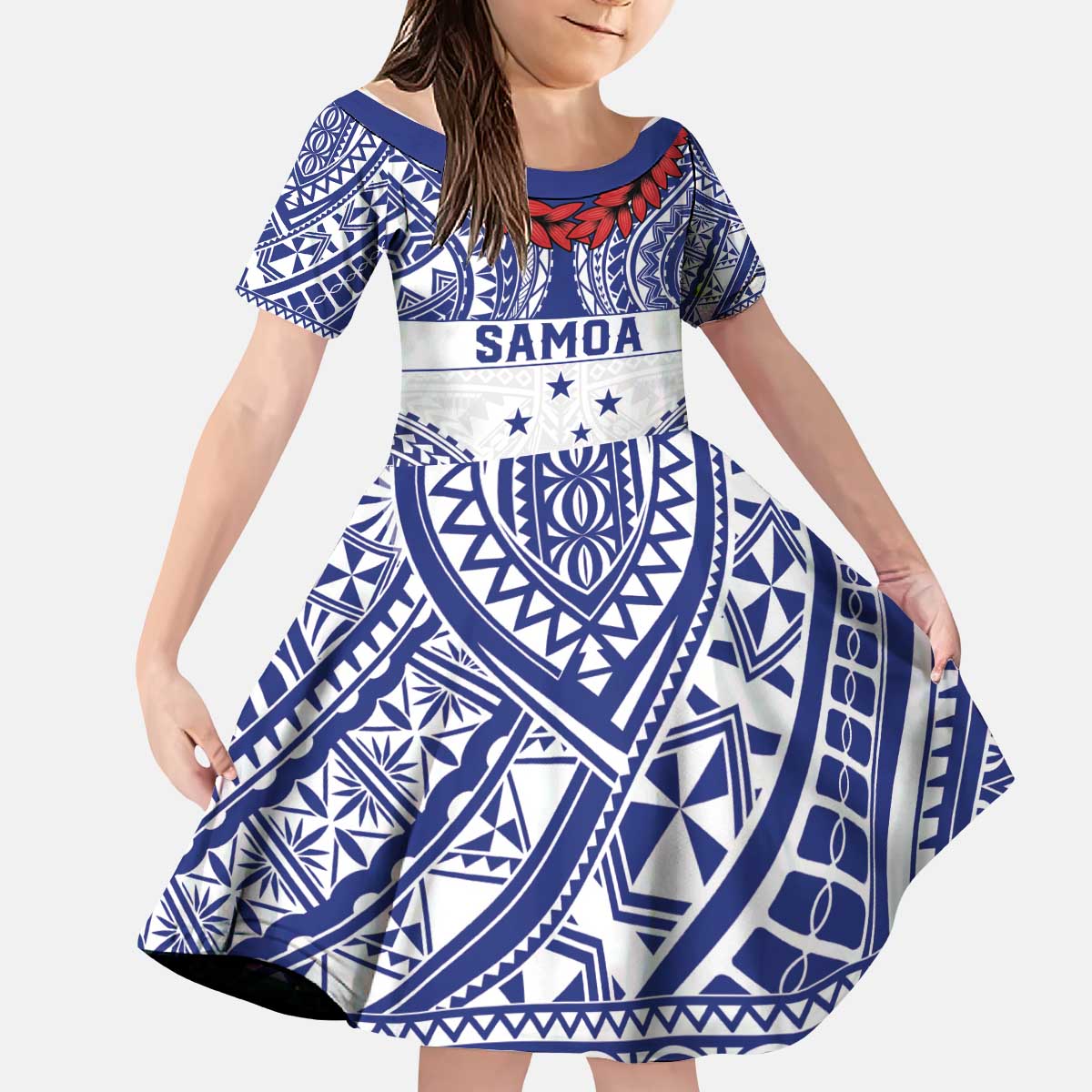 Personalised Toa Samoa Rugby Spirit Kid Short Sleeve Dress White Samoan Tribal Pattern LT9 KID White - Polynesian Pride