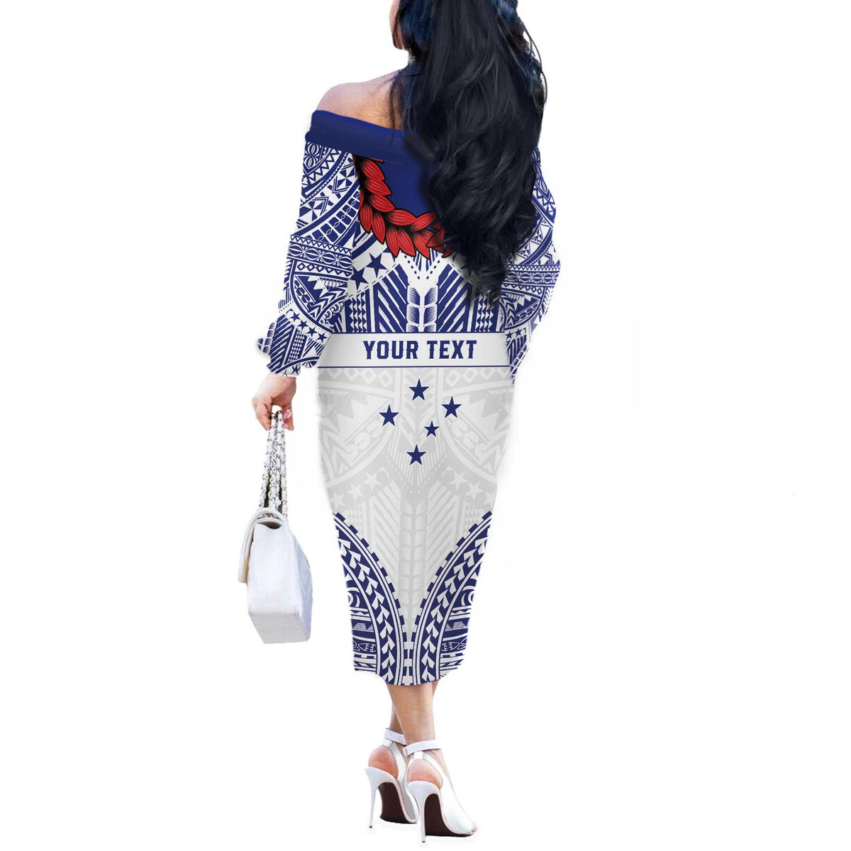 Personalised Toa Samoa Rugby Spirit Off The Shoulder Long Sleeve Dress White Samoan Tribal Pattern LT9 - Polynesian Pride