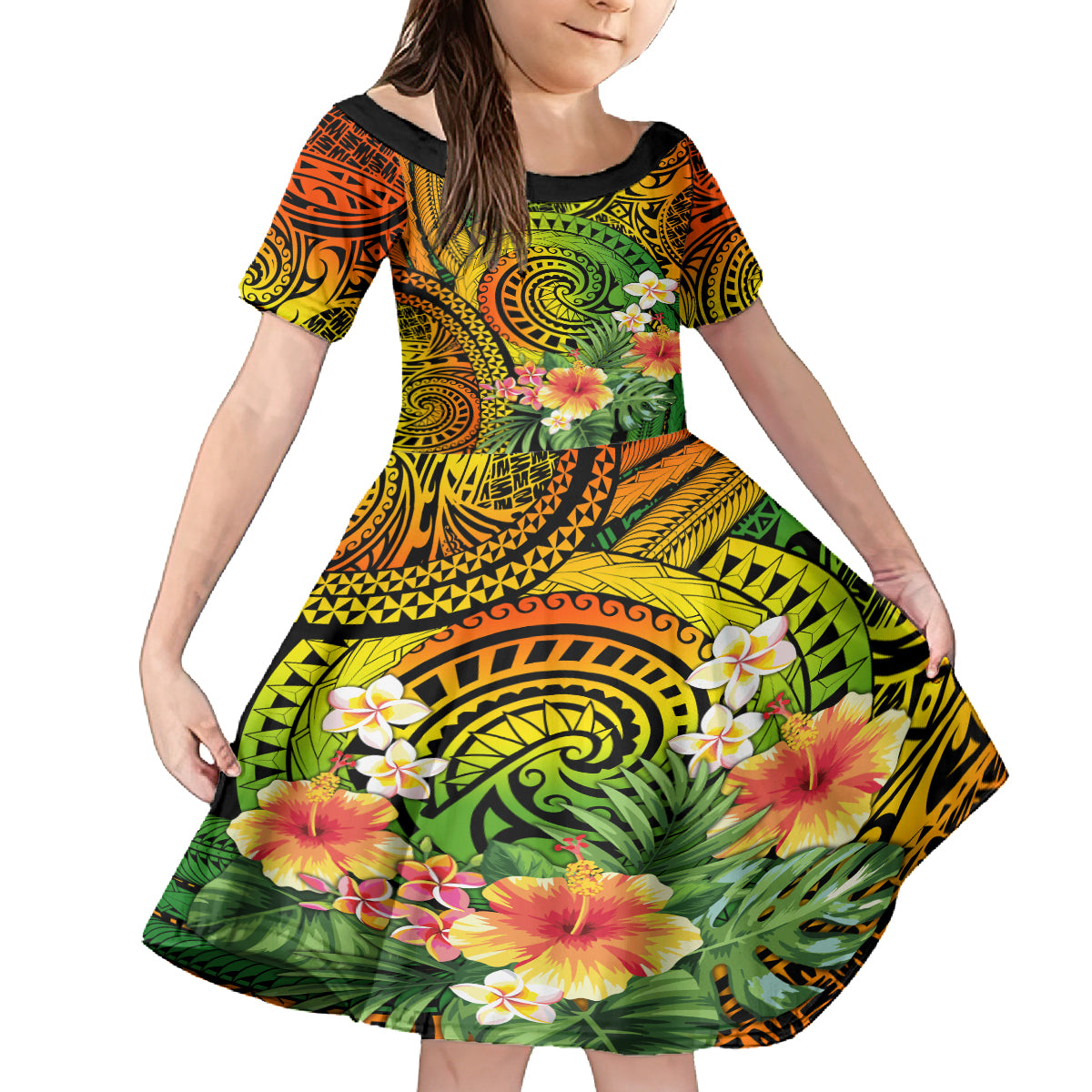 Polynesia Kid Short Sleeve Dress Pasifika Tribal with Tropical Flowers LT9 KID Reggae - Polynesian Pride