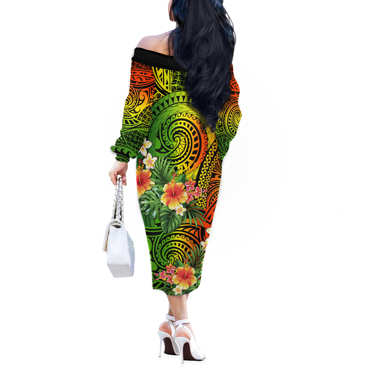 Polynesia Off The Shoulder Long Sleeve Dress Pasifika Tribal with Tropical Flowers LT9 - Polynesian Pride