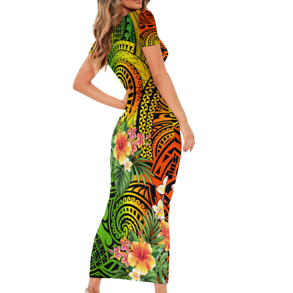 Polynesia Short Sleeve Bodycon Dress Pasifika Tribal with Tropical Flowers LT9 - Polynesian Pride