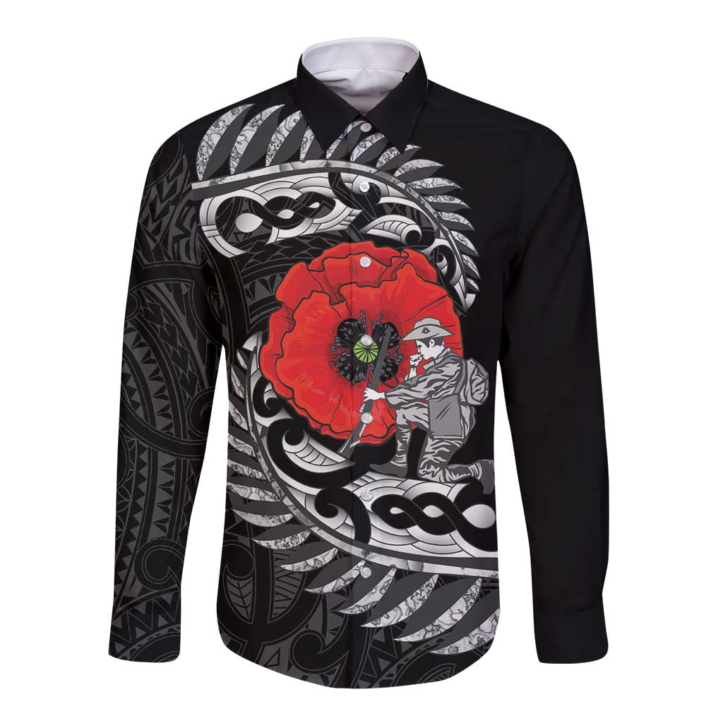 ANZAC Day Aotearoa Silver Fern Maori Personalised Long Sleeve Button Shirt LT9 Unisex Black - Polynesian Pride