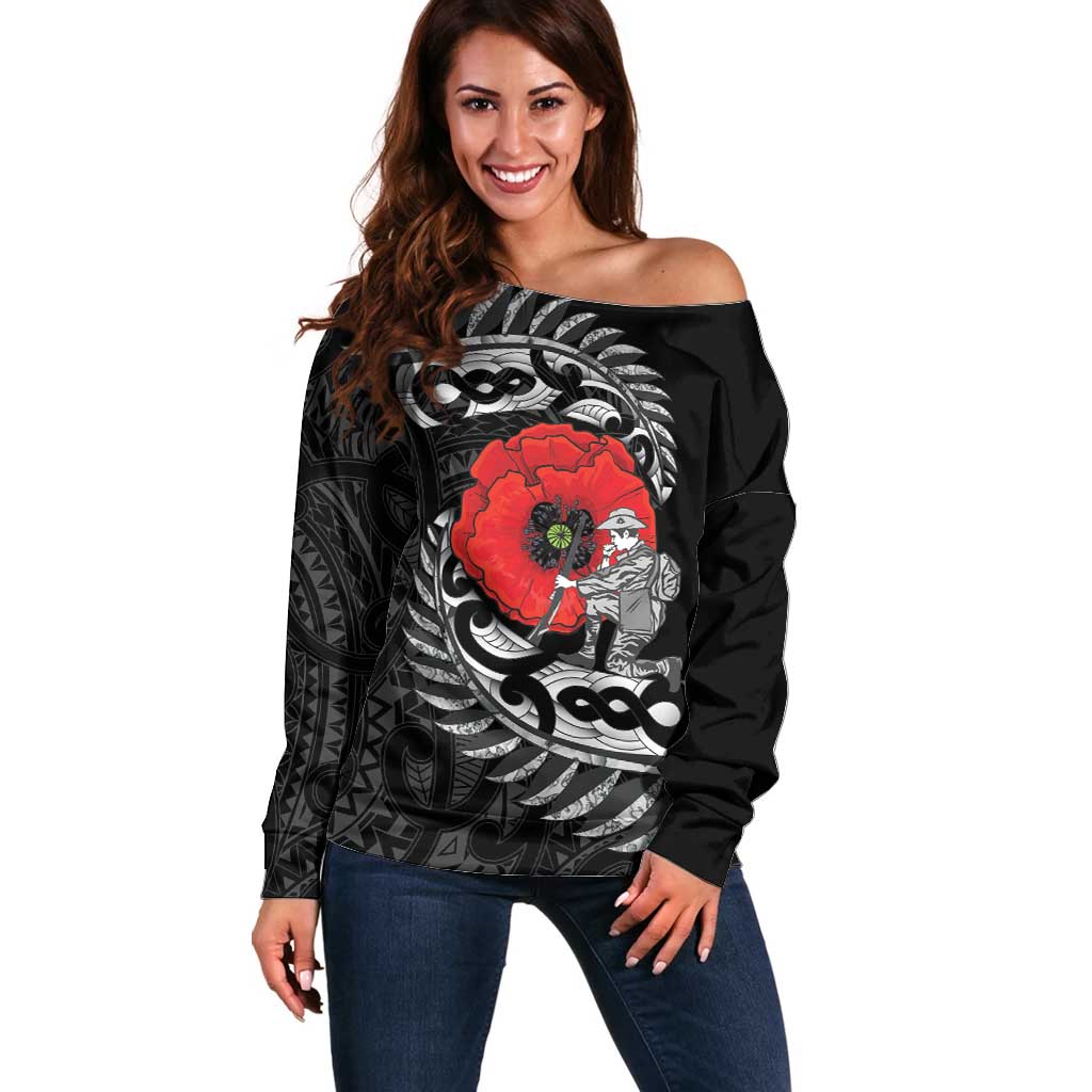 ANZAC Day Aotearoa Silver Fern Maori Personalised Off Shoulder Sweater LT9 Women Black - Polynesian Pride