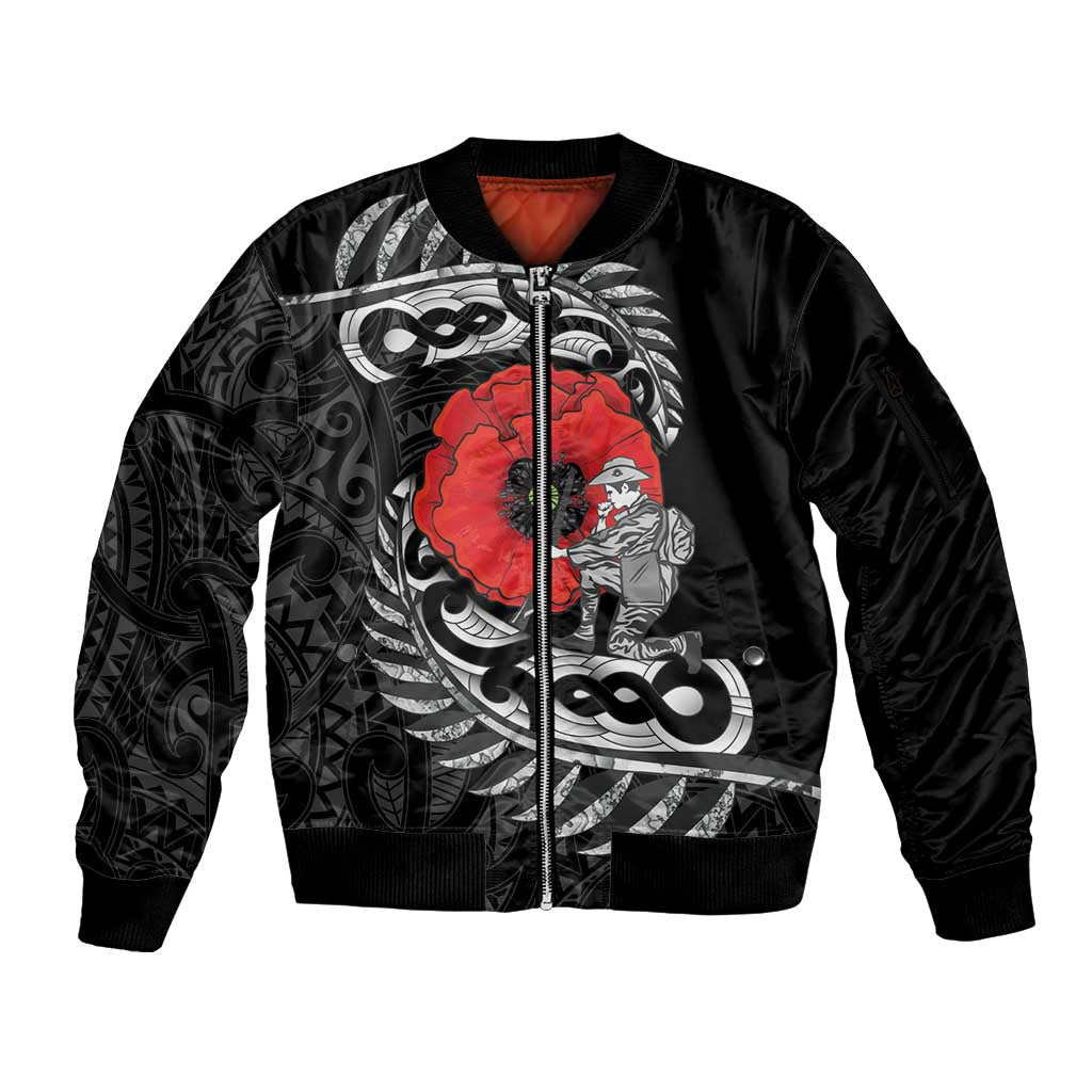 ANZAC Day Aotearoa Silver Fern Maori Personalised Sleeve Zip Bomber Jacket LT9 Unisex Black - Polynesian Pride