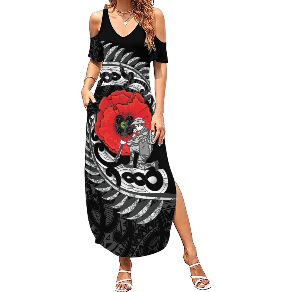 ANZAC Day Aotearoa Silver Fern Maori Personalised Summer Maxi Dress LT9 Women Black - Polynesian Pride