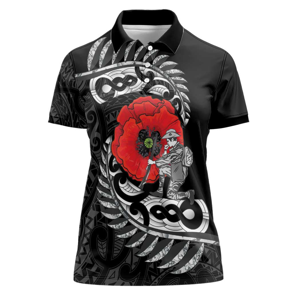 ANZAC Day Aotearoa Silver Fern Maori Personalised Women Polo Shirt LT9 Female Black - Polynesian Pride