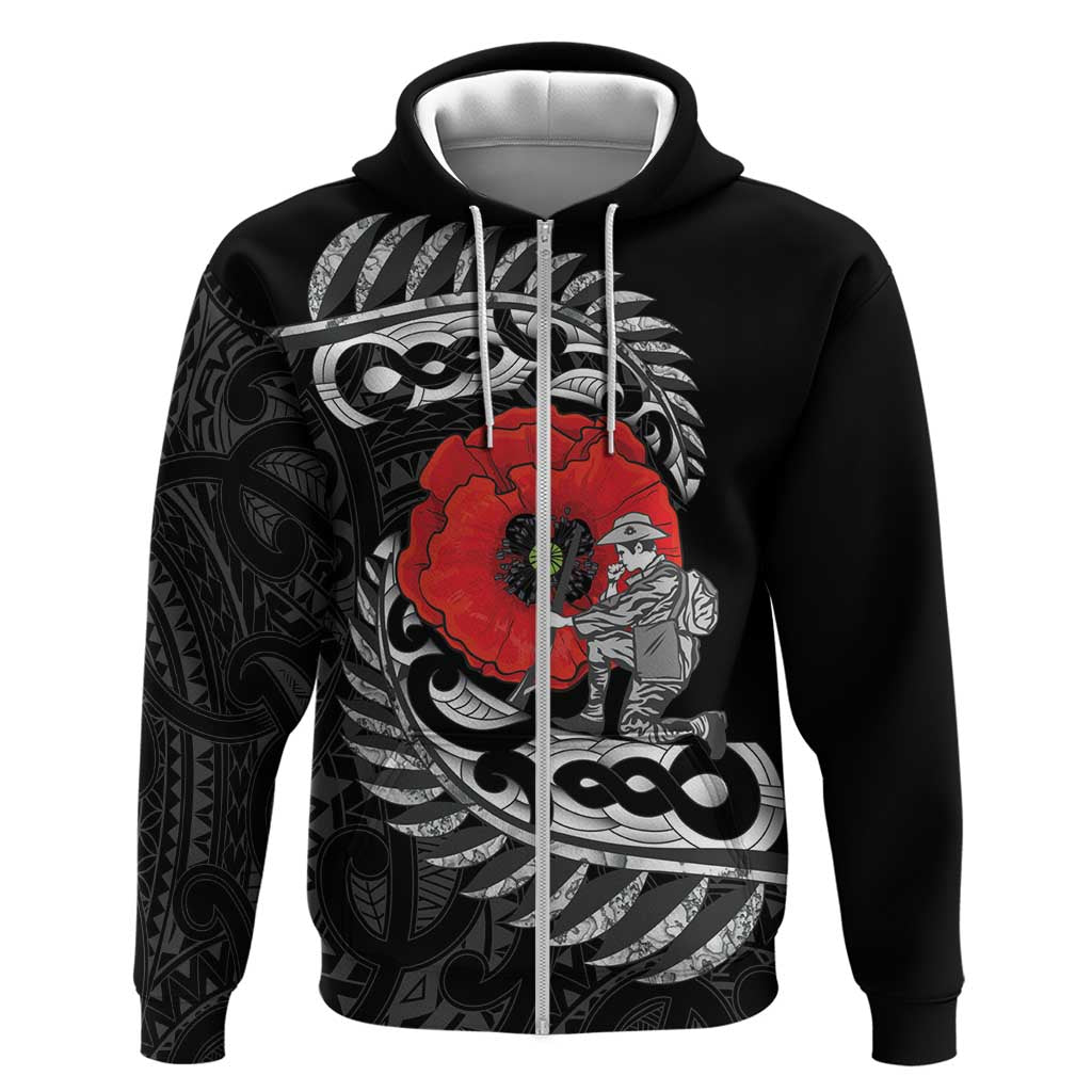 ANZAC Day Aotearoa Silver Fern Maori Personalised Zip Hoodie LT9 Zip Hoodie Black - Polynesian Pride