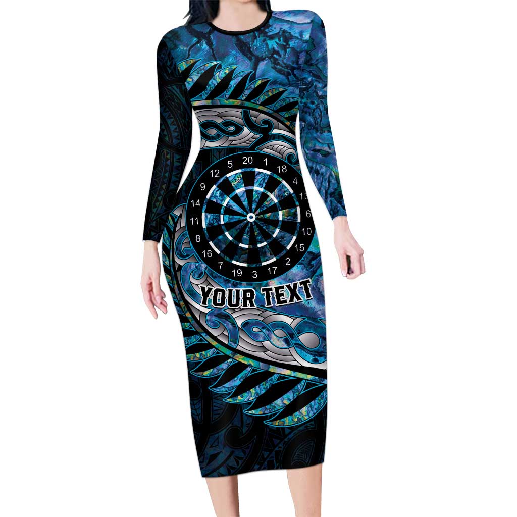 New Zealand Darts Personalised Long Sleeve Bodycon Dress Aotearoa Silver Fern Blue Papua Shell Spirit