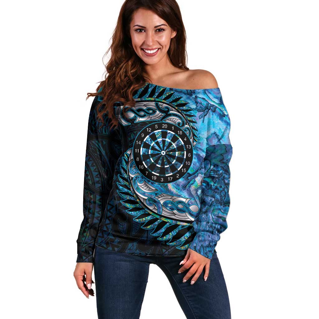 New Zealand Darts Personalised Off Shoulder Sweater Aotearoa Silver Fern Blue Papua Shell Spirit