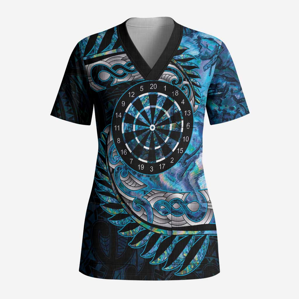 New Zealand Darts Personalised Scrub Top Aotearoa Silver Fern Blue Papua Shell Spirit LT9 Adult Blue - Polynesian Pride