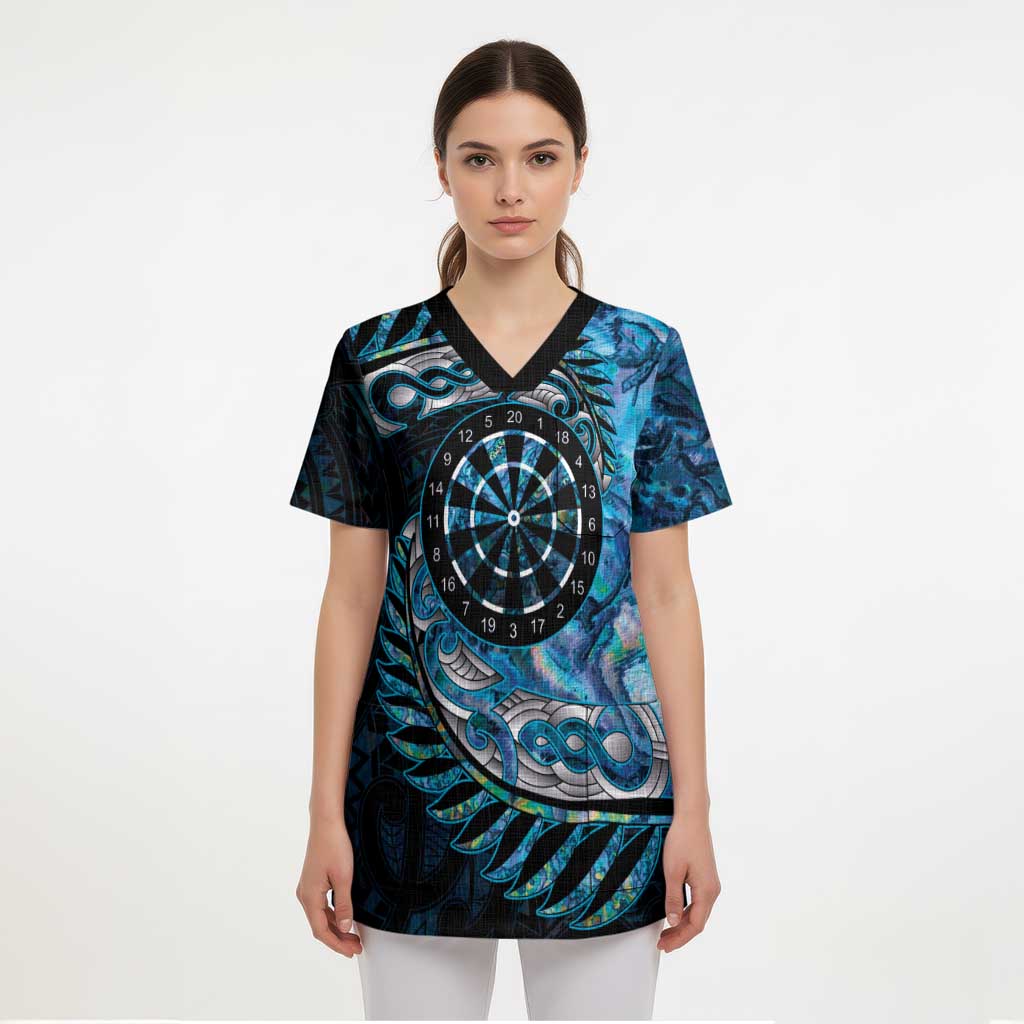 New Zealand Darts Personalised Scrub Top Aotearoa Silver Fern Blue Papua Shell Spirit LT9 - Polynesian Pride