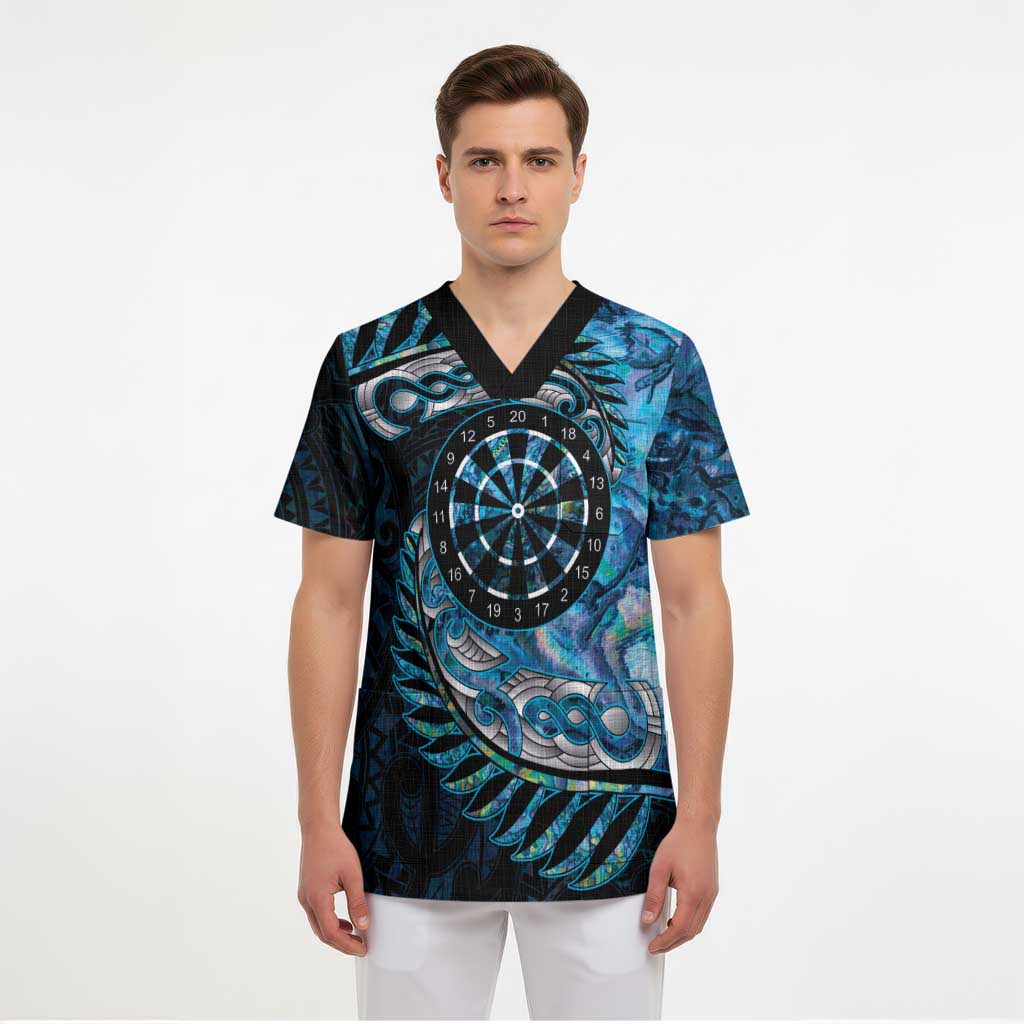 New Zealand Darts Personalised Scrub Top Aotearoa Silver Fern Blue Papua Shell Spirit LT9 - Polynesian Pride
