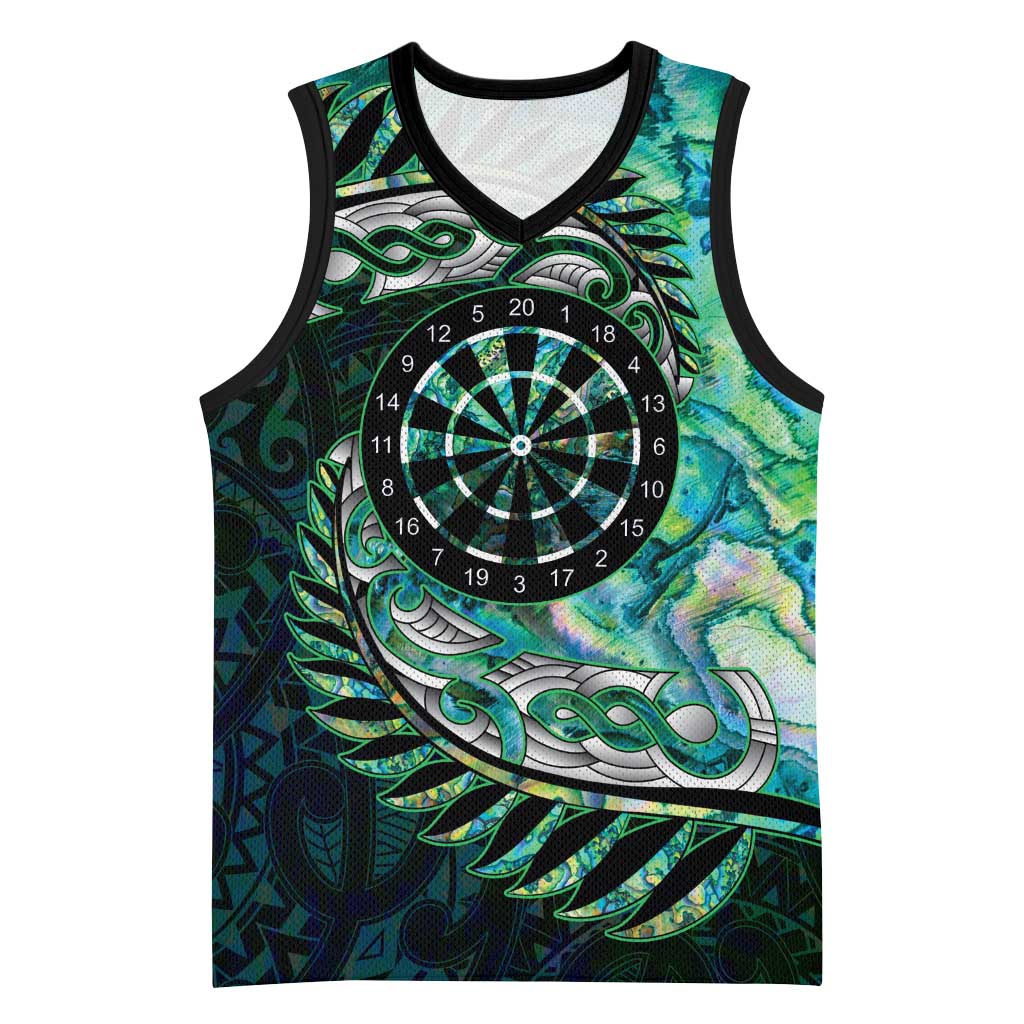 New Zealand Darts Personalised Basketball Jersey Aotearoa Silver Fern Green Papua Shell Spirit LT9 Unisex Green - Polynesian Pride