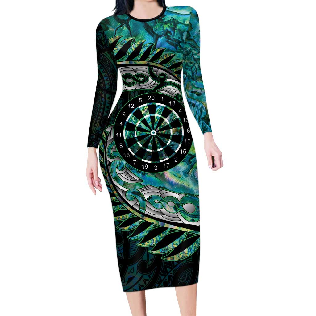 New Zealand Darts Personalised Long Sleeve Bodycon Dress Aotearoa Silver Fern Green Papua Shell Spirit