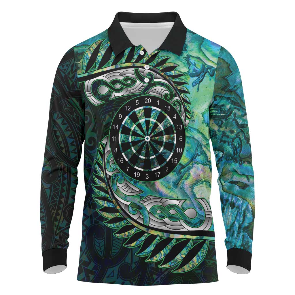 New Zealand Darts Personalised Long Sleeve Polo Shirt Aotearoa Silver Fern Green Papua Shell Spirit LT9 Green - Polynesian Pride