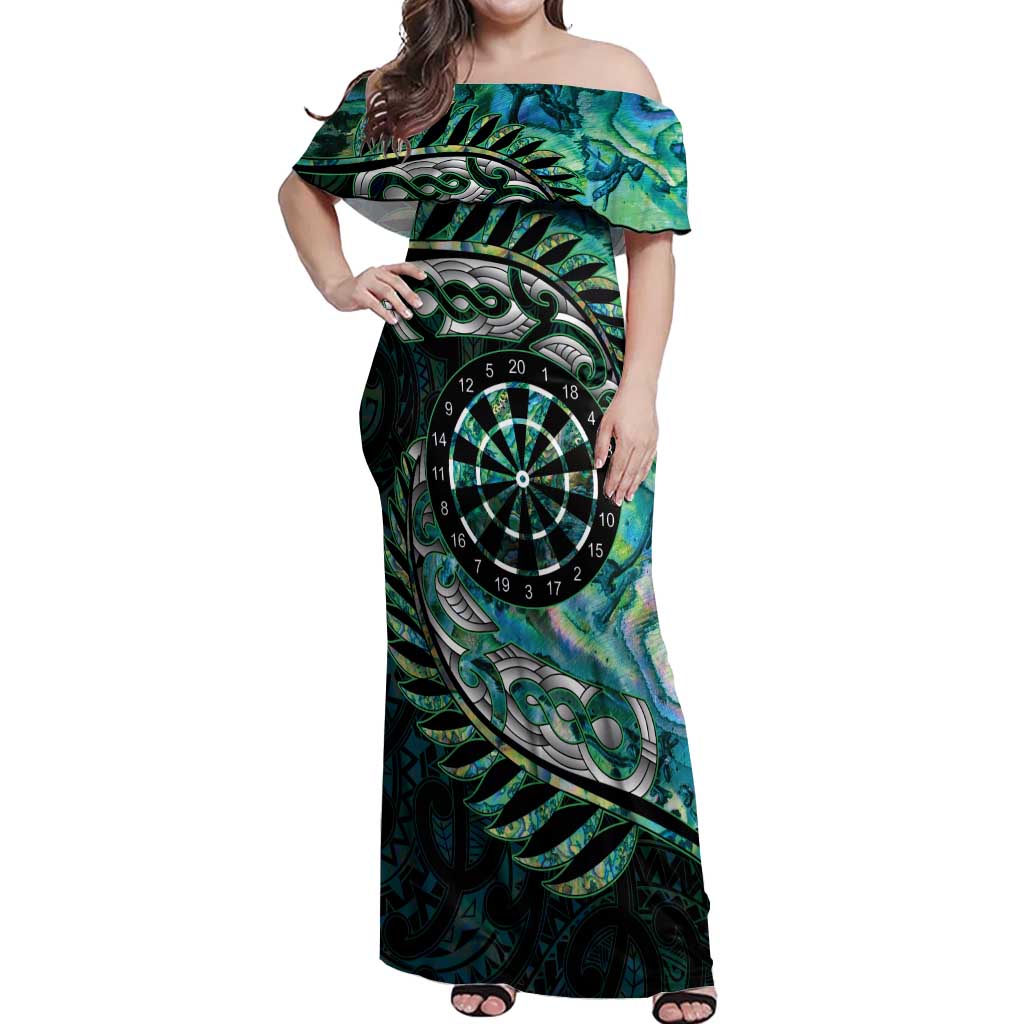 New Zealand Darts Personalised Off Shoulder Maxi Dress Aotearoa Silver Fern Green Papua Shell Spirit