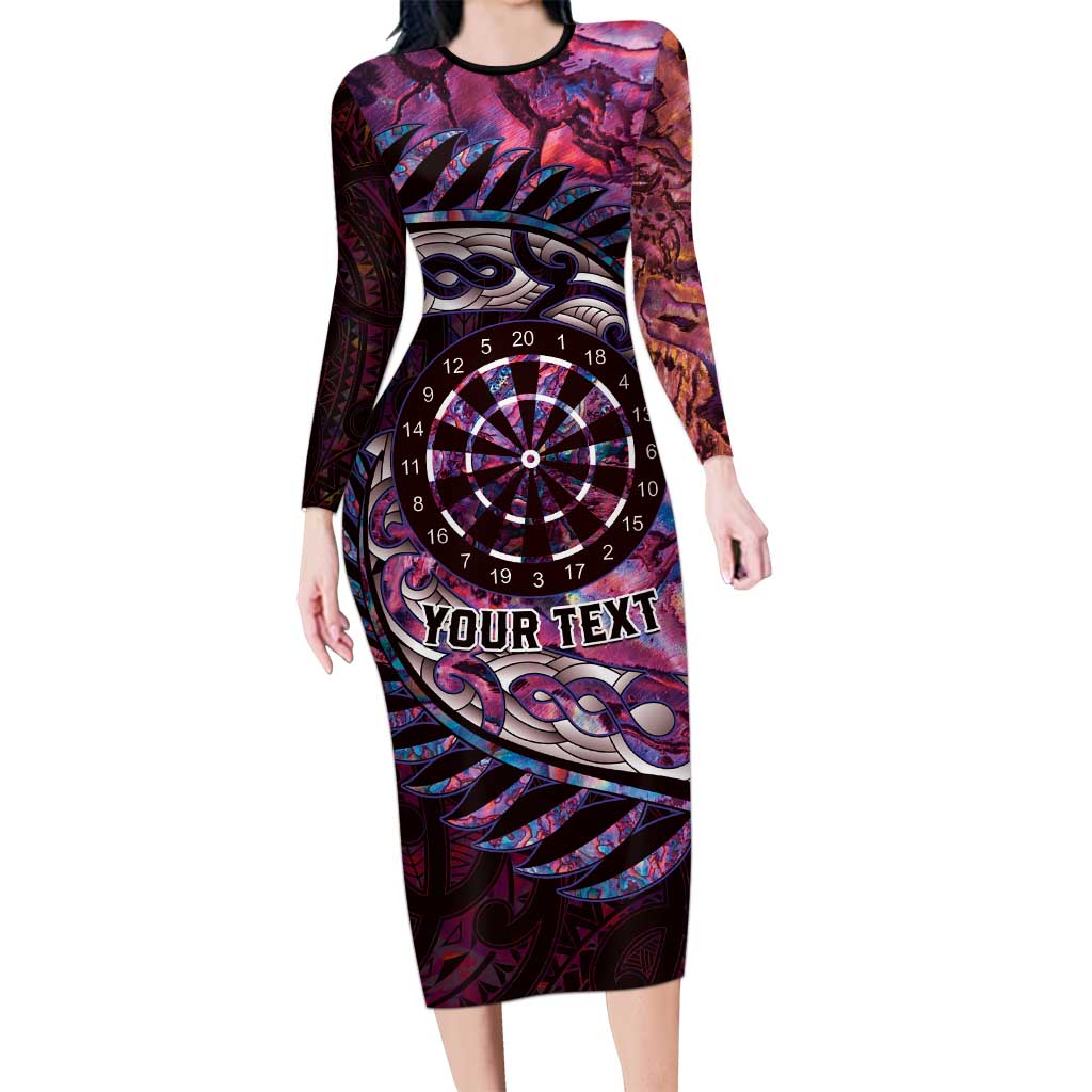 New Zealand Darts Personalised Long Sleeve Bodycon Dress Aotearoa Silver Fern Pink Papua Shell Spirit