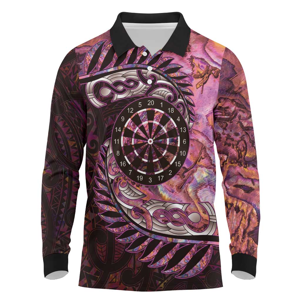 New Zealand Darts Personalised Long Sleeve Polo Shirt Aotearoa Silver Fern Pink Papua Shell Spirit LT9 Pink - Polynesian Pride