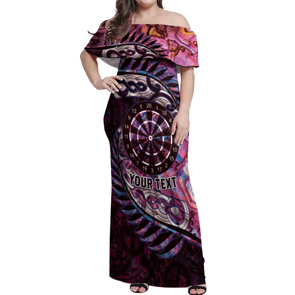 New Zealand Darts Personalised Off Shoulder Maxi Dress Aotearoa Silver Fern Pink Papua Shell Spirit