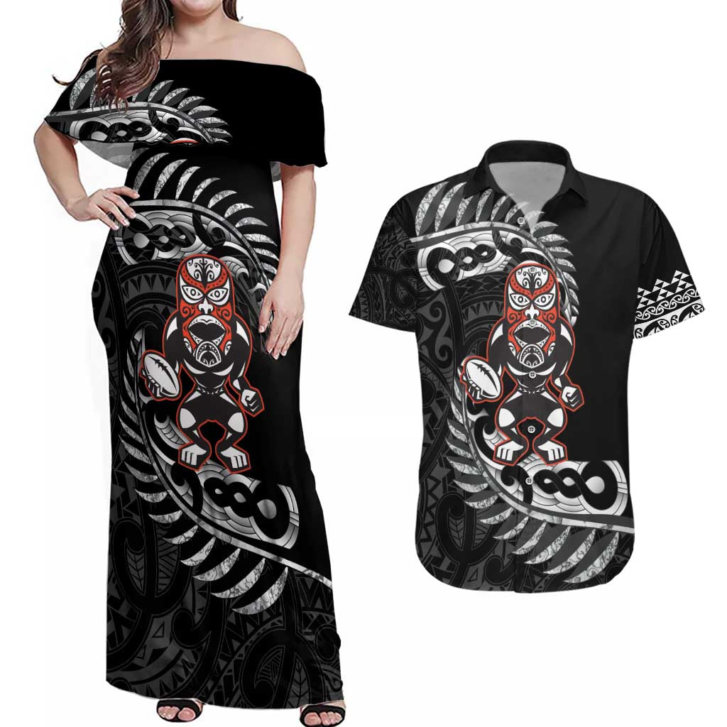 New Zealand Indigenous-Maori Rugby Custom Couples Matching Off Shoulder Maxi Dress and Hawaiian Shirt