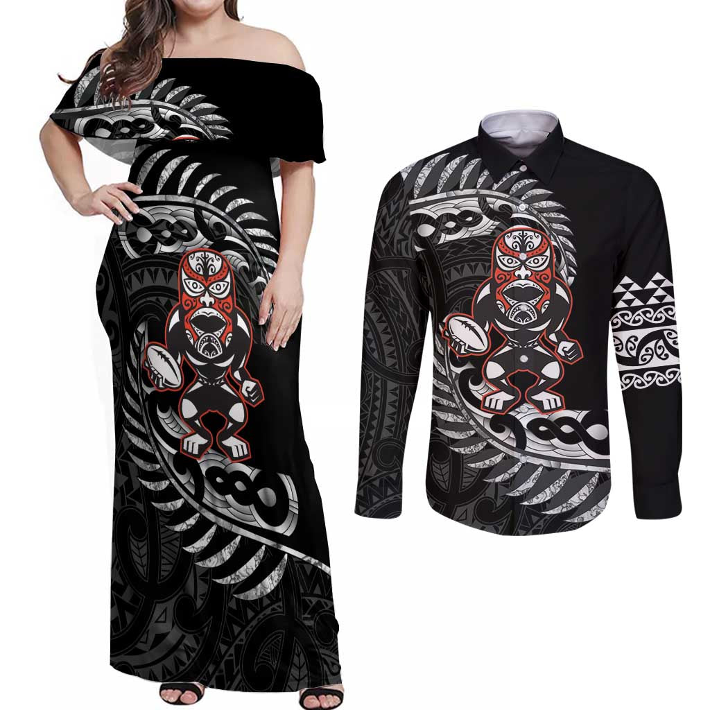 New Zealand Indigenous-Maori Rugby Custom Couples Matching Off Shoulder Maxi Dress and Long Sleeve Button Shirt