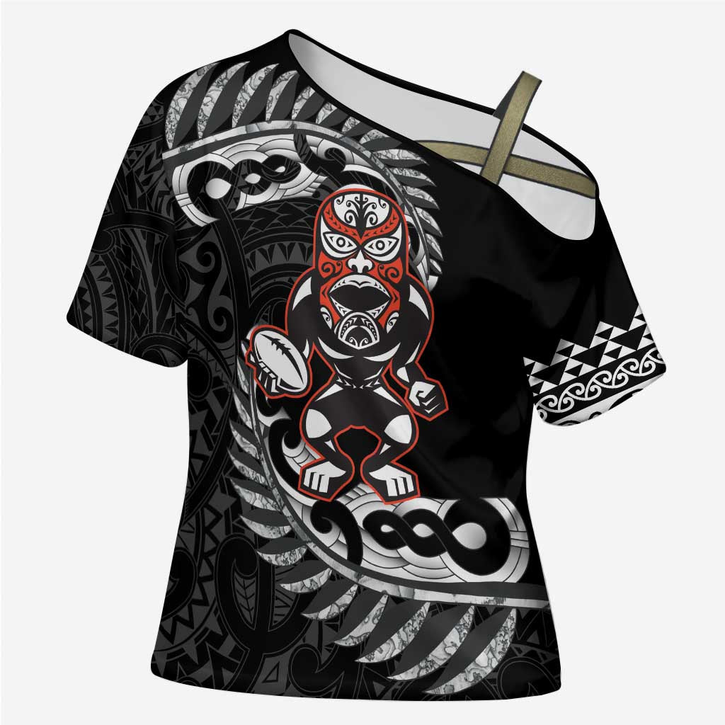 New Zealand Indigenous-Maori Rugby Custom Cross Shoulder Shirt LT9 Female Black - Polynesian Pride
