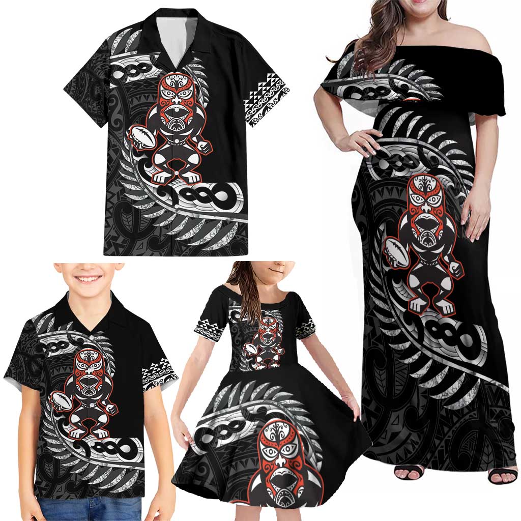 New Zealand Indigenous-Maori Rugby Custom Family Matching Off Shoulder Maxi Dress and Hawaiian Shirt