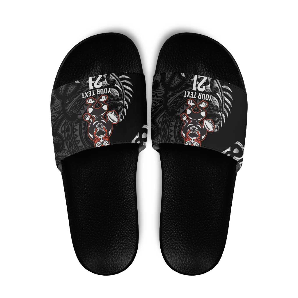 New Zealand Indigenous-Maori Rugby Custom Slide Sandals LT9 Black - Polynesian Pride