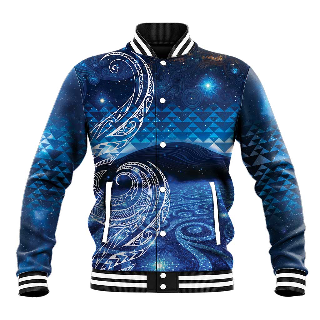 New Zealand Matariki Baseball Jacket Taniko Aramoana With Koru Galaxy Sky Night LT9 Unisex Galaxy - Polynesian Pride