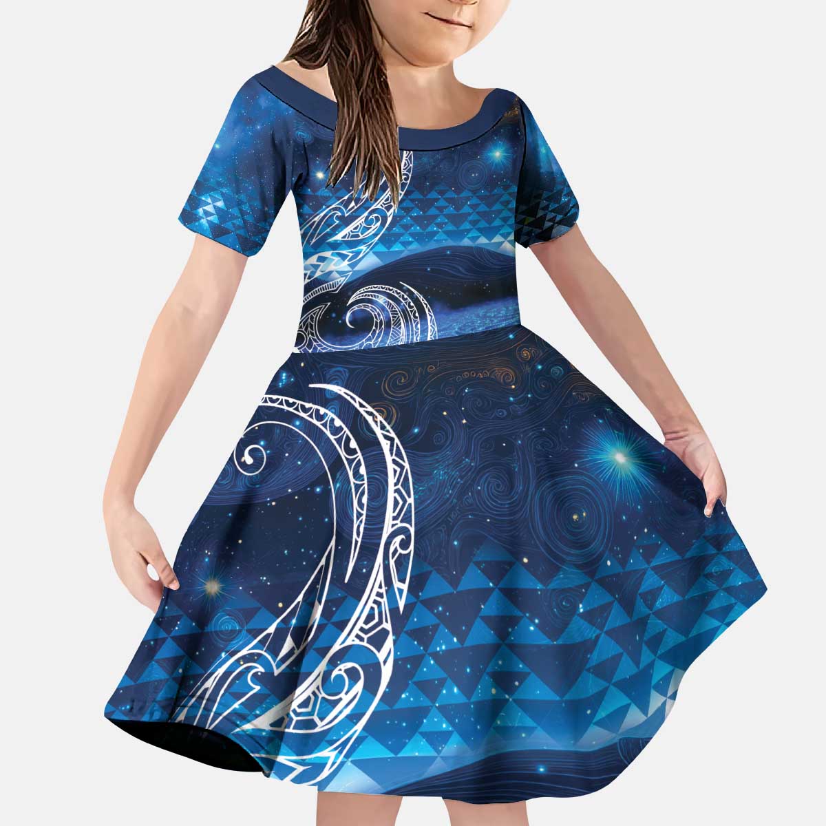 New Zealand Matariki Kid Short Sleeve Dress Taniko Aramoana With Koru Galaxy Sky Night LT9 KID Galaxy - Polynesian Pride