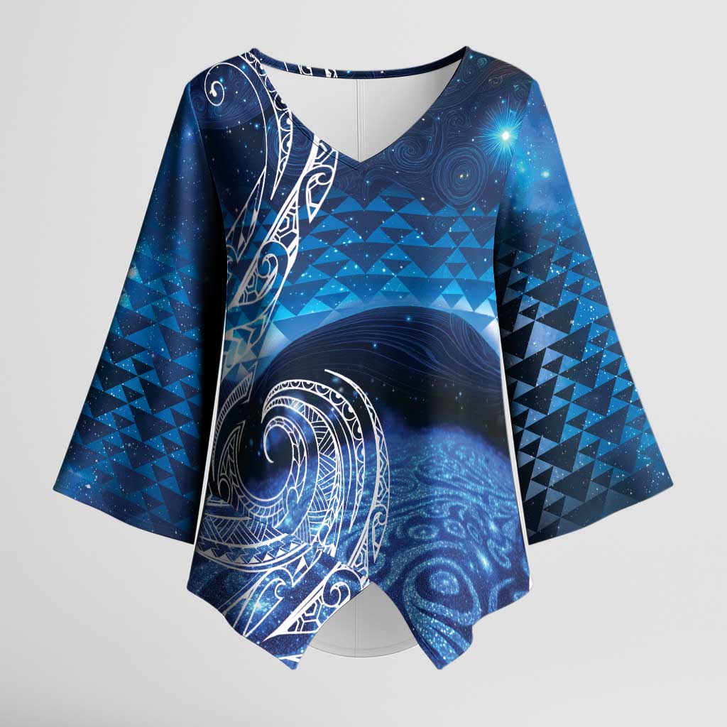 New Zealand Matariki Kimono Sleeve Blouse Taniko Aramoana With Koru Galaxy Sky Night LT9 Female Galaxy - Polynesian Pride