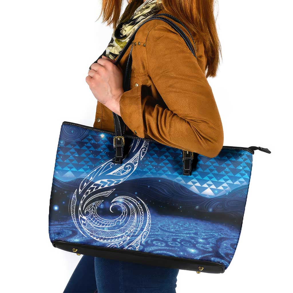 New Zealand Matariki Leather Tote Bag Taniko Aramoana With Koru Galaxy Sky Night LT9 Galaxy - Polynesian Pride