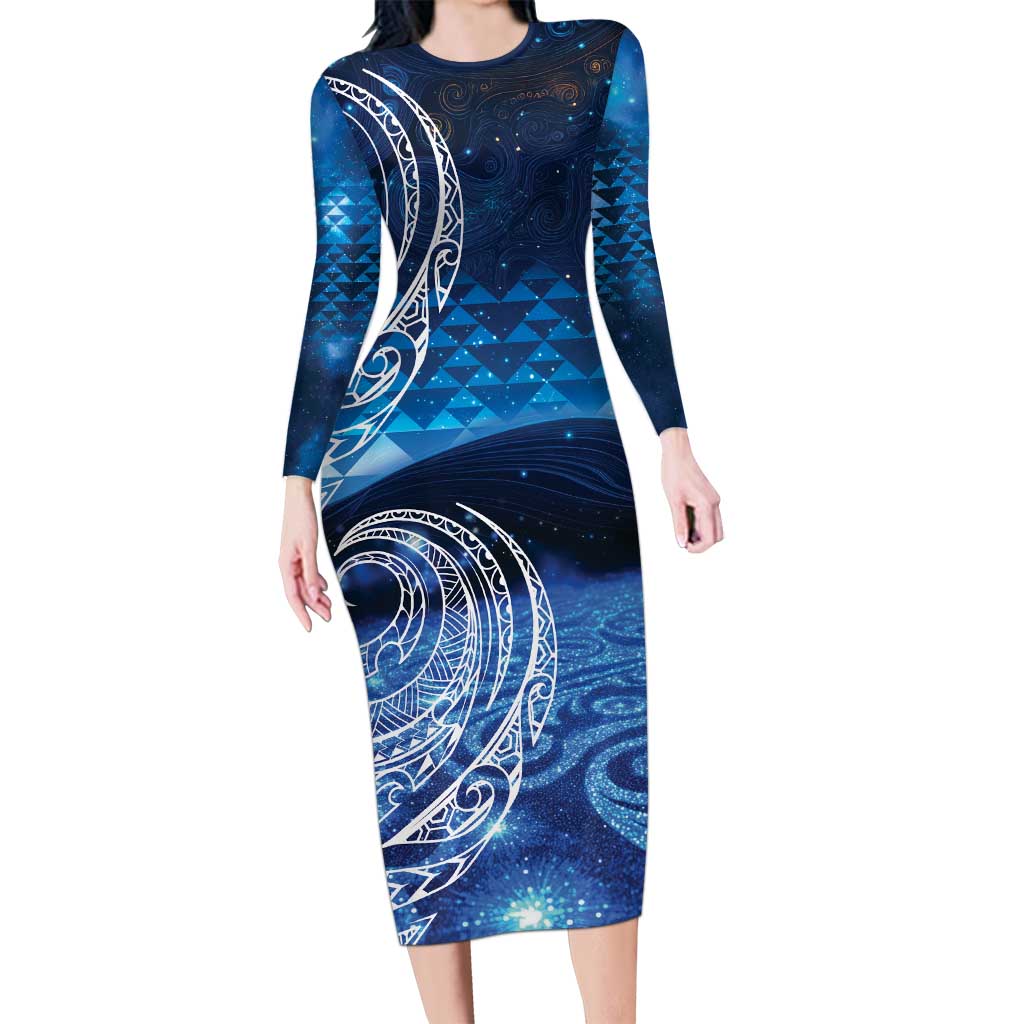 New Zealand Matariki Long Sleeve Bodycon Dress Taniko Aramoana With Koru Galaxy Sky Night