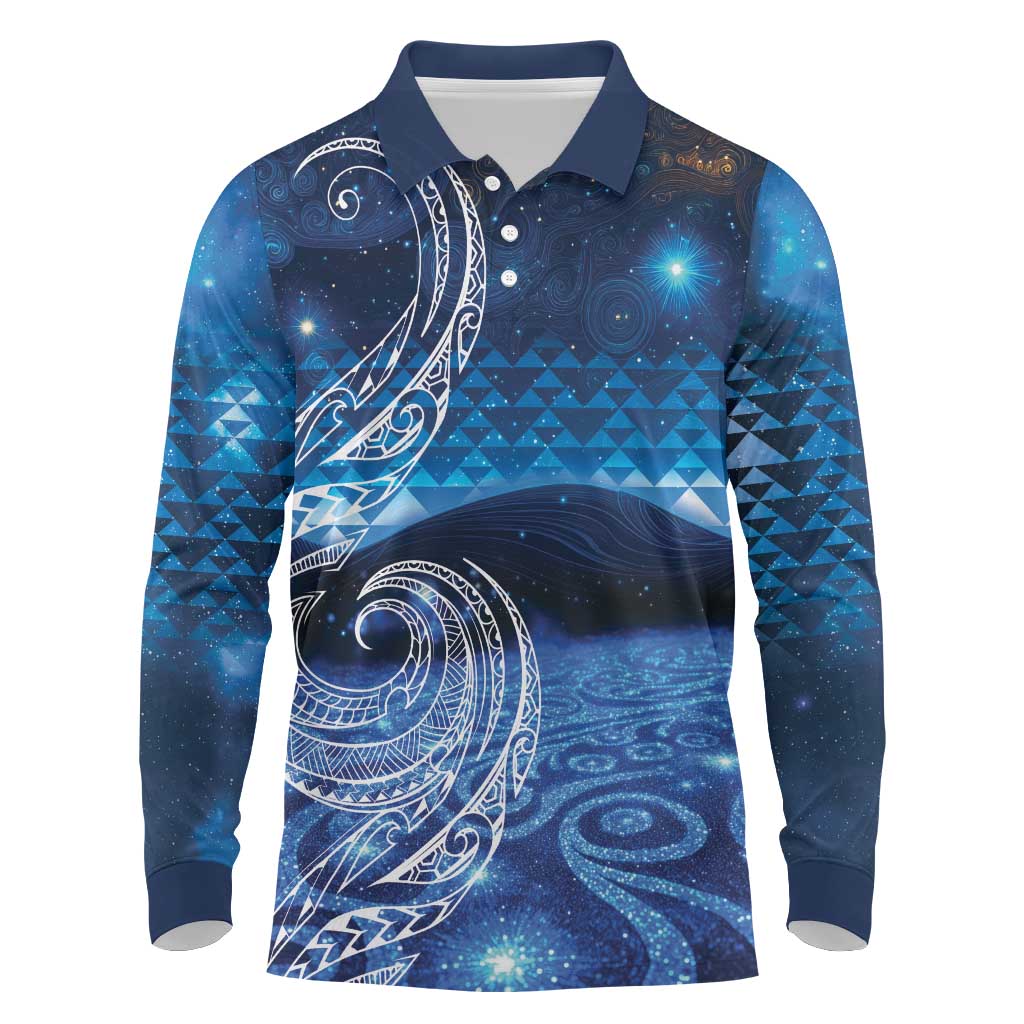 New Zealand Matariki Long Sleeve Polo Shirt Taniko Aramoana With Koru Galaxy Sky Night LT9 Galaxy - Polynesian Pride