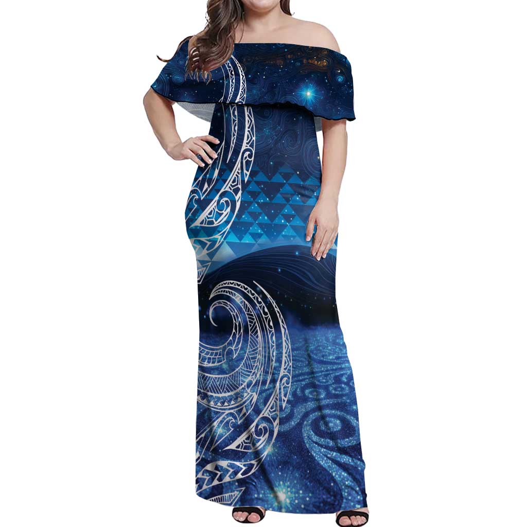 New Zealand Matariki Off Shoulder Maxi Dress Taniko Aramoana With Koru Galaxy Sky Night