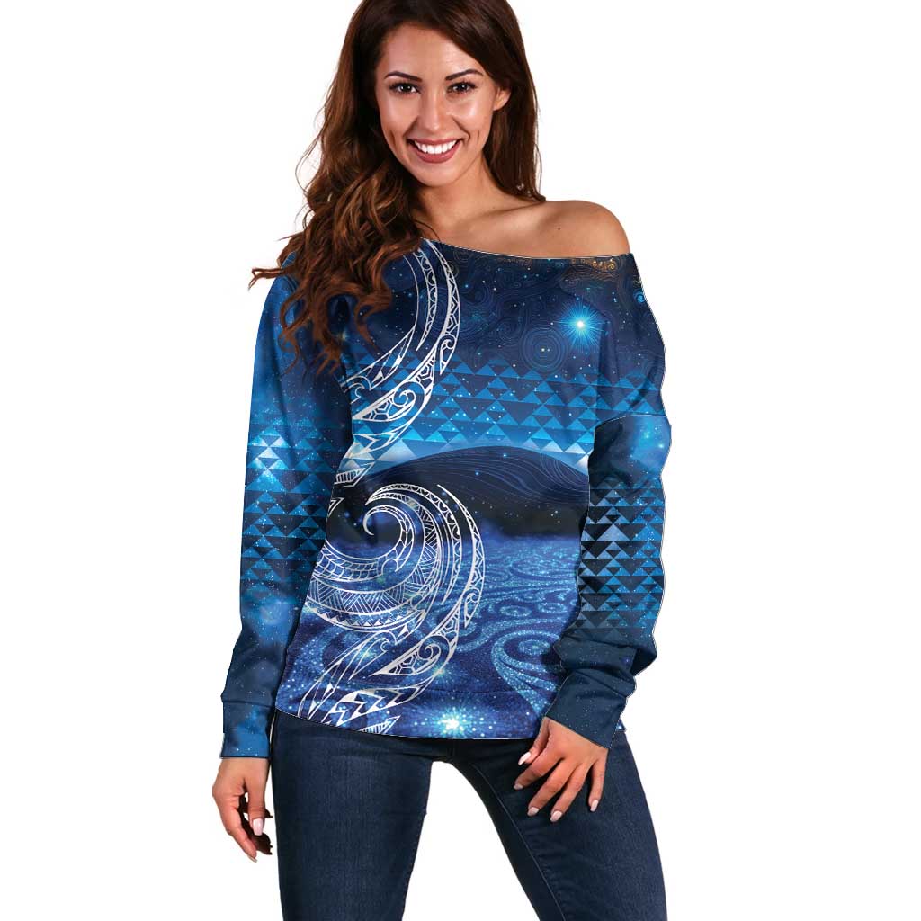 New Zealand Matariki Off Shoulder Sweater Taniko Aramoana With Koru Galaxy Sky Night