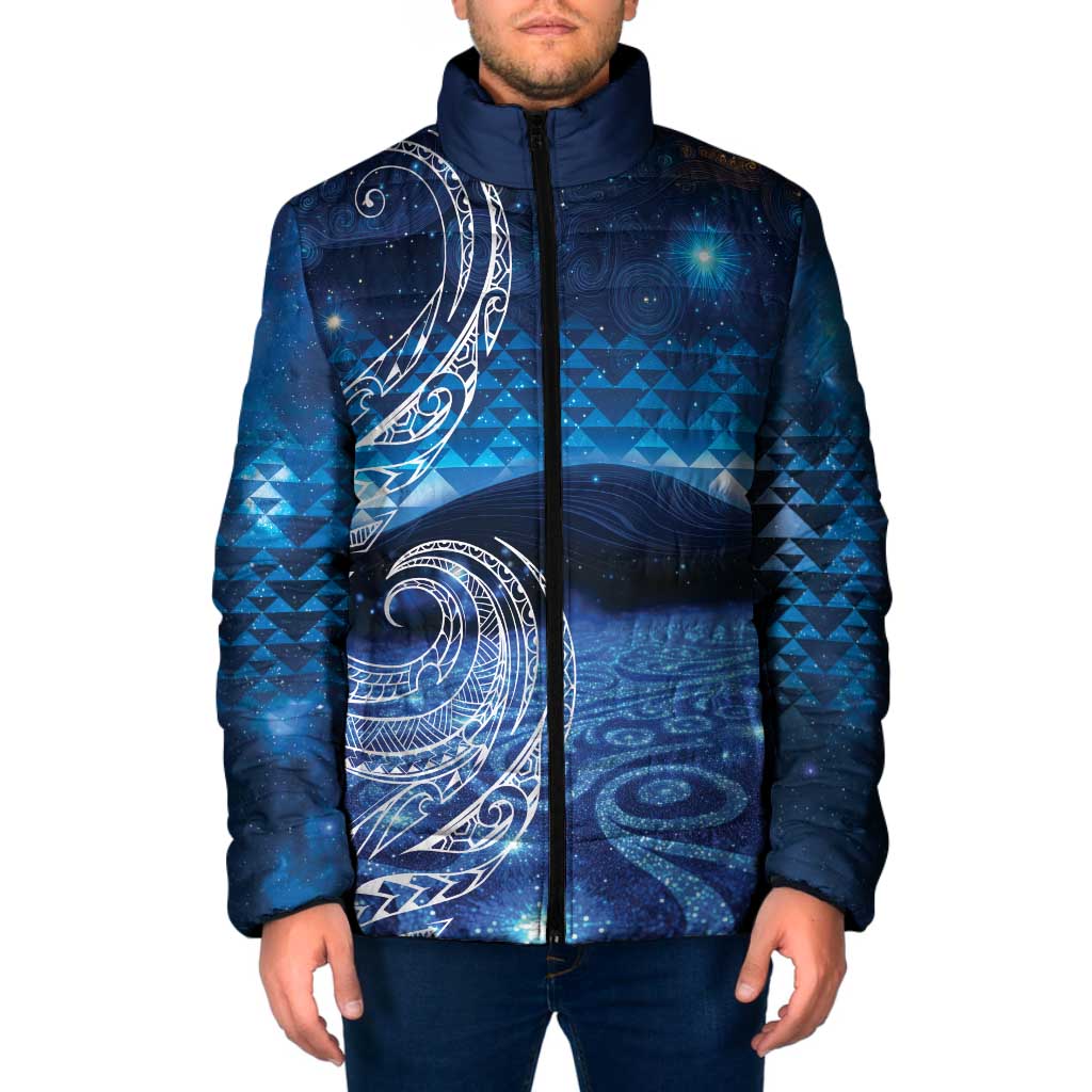 New Zealand Matariki Padded Jacket Taniko Aramoana With Koru Galaxy Sky Night LT9 Men Galaxy - Polynesian Pride