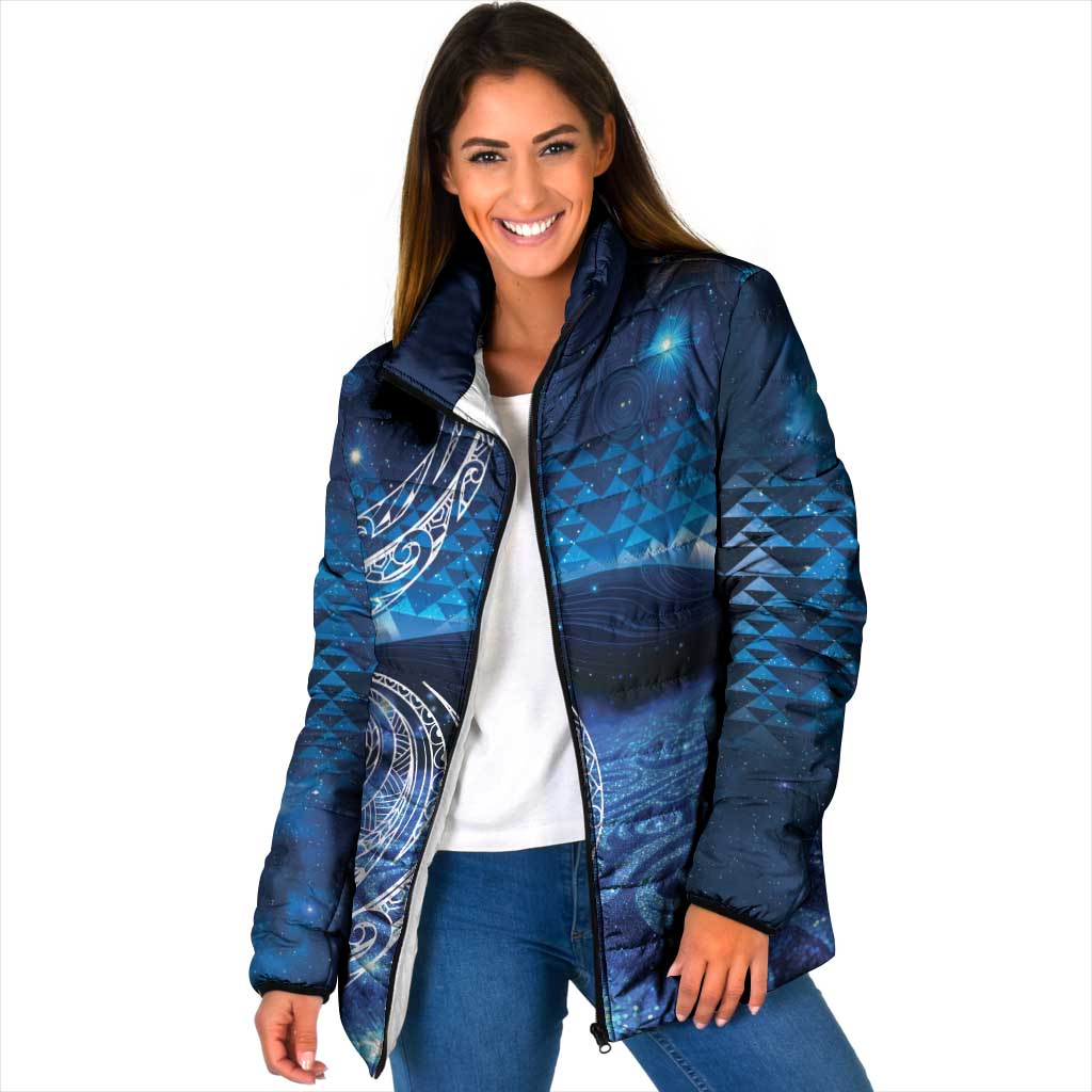 New Zealand Matariki Padded Jacket Taniko Aramoana With Koru Galaxy Sky Night LT9 Women Galaxy - Polynesian Pride