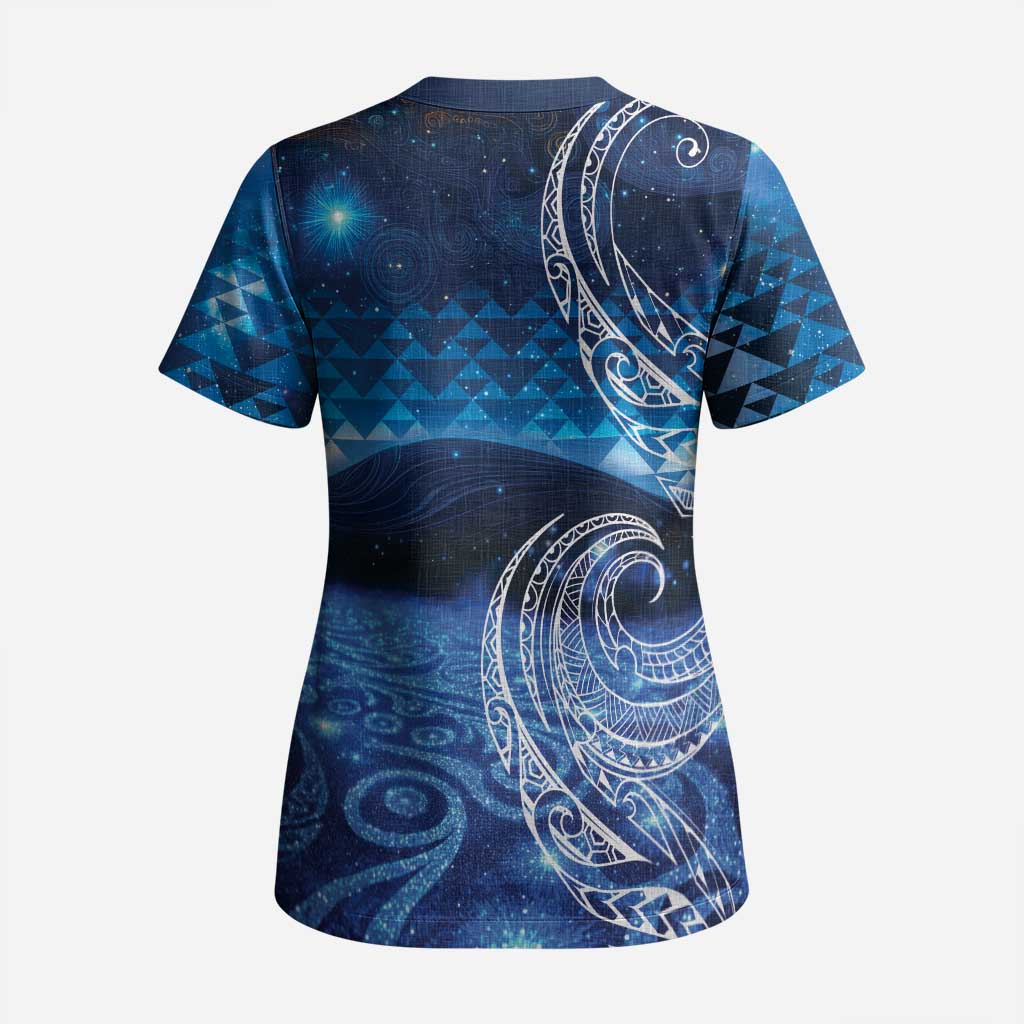 New Zealand Matariki Scrub Top Taniko Aramoana With Koru Galaxy Sky Night LT9 - Polynesian Pride