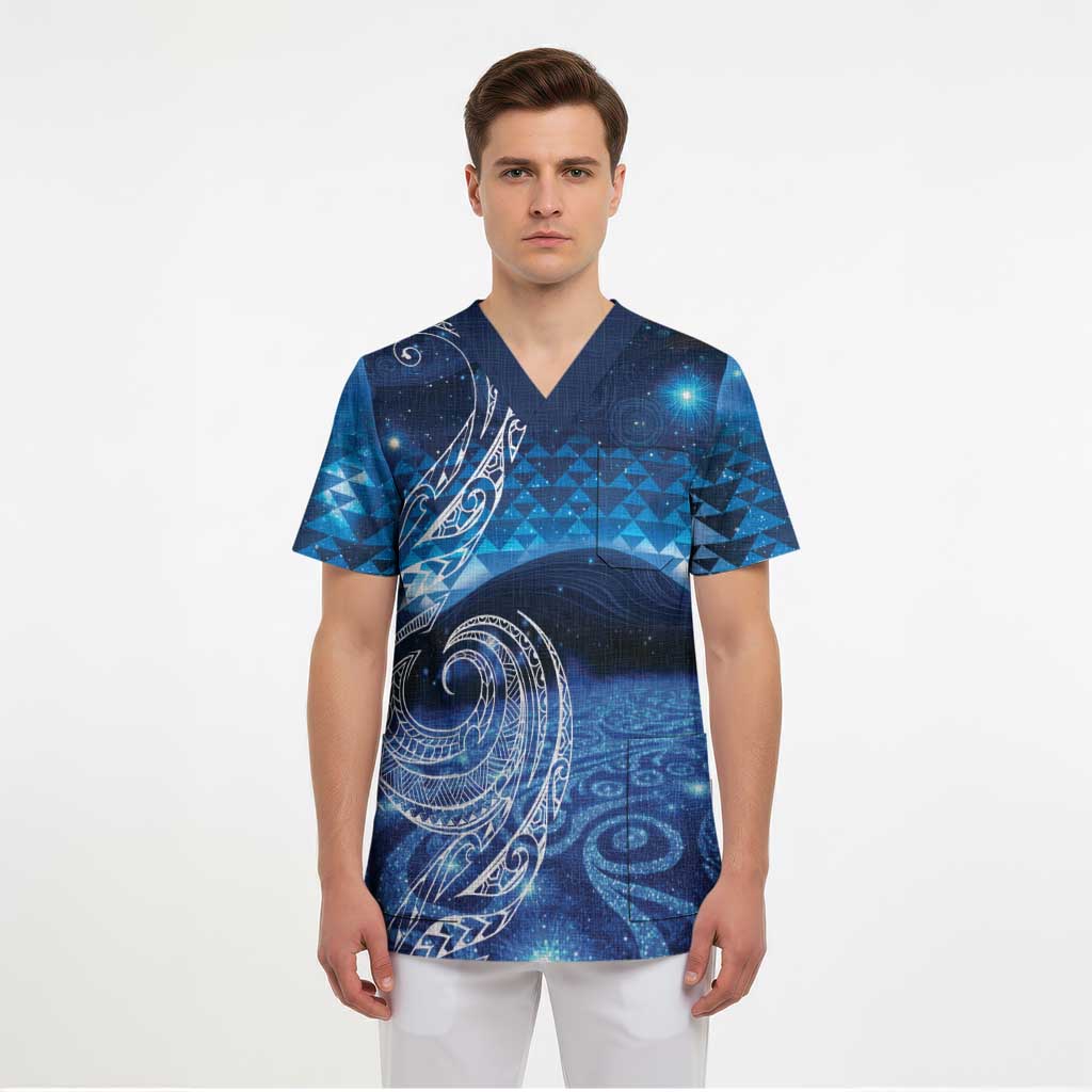 New Zealand Matariki Scrub Top Taniko Aramoana With Koru Galaxy Sky Night LT9 - Polynesian Pride