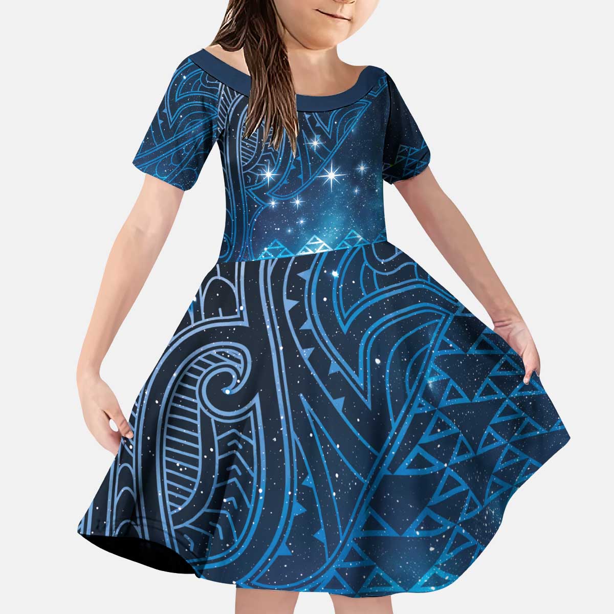 New Zealand Matariki Kid Short Sleeve Dress Taniko Aramoana With Maori Galaxy Sky Night LT9 KID Galaxy - Polynesian Pride