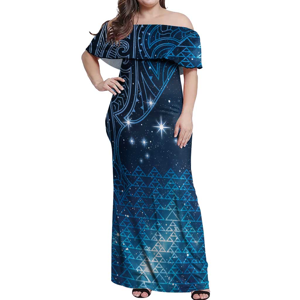 New Zealand Matariki Off Shoulder Maxi Dress Taniko Aramoana With Maori Galaxy Sky Night