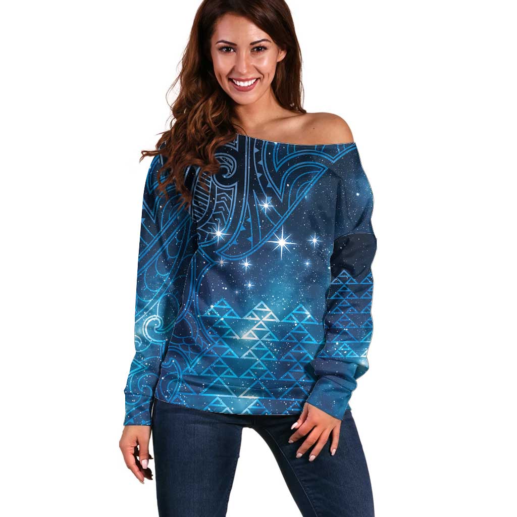 New Zealand Matariki Off Shoulder Sweater Taniko Aramoana With Maori Galaxy Sky Night