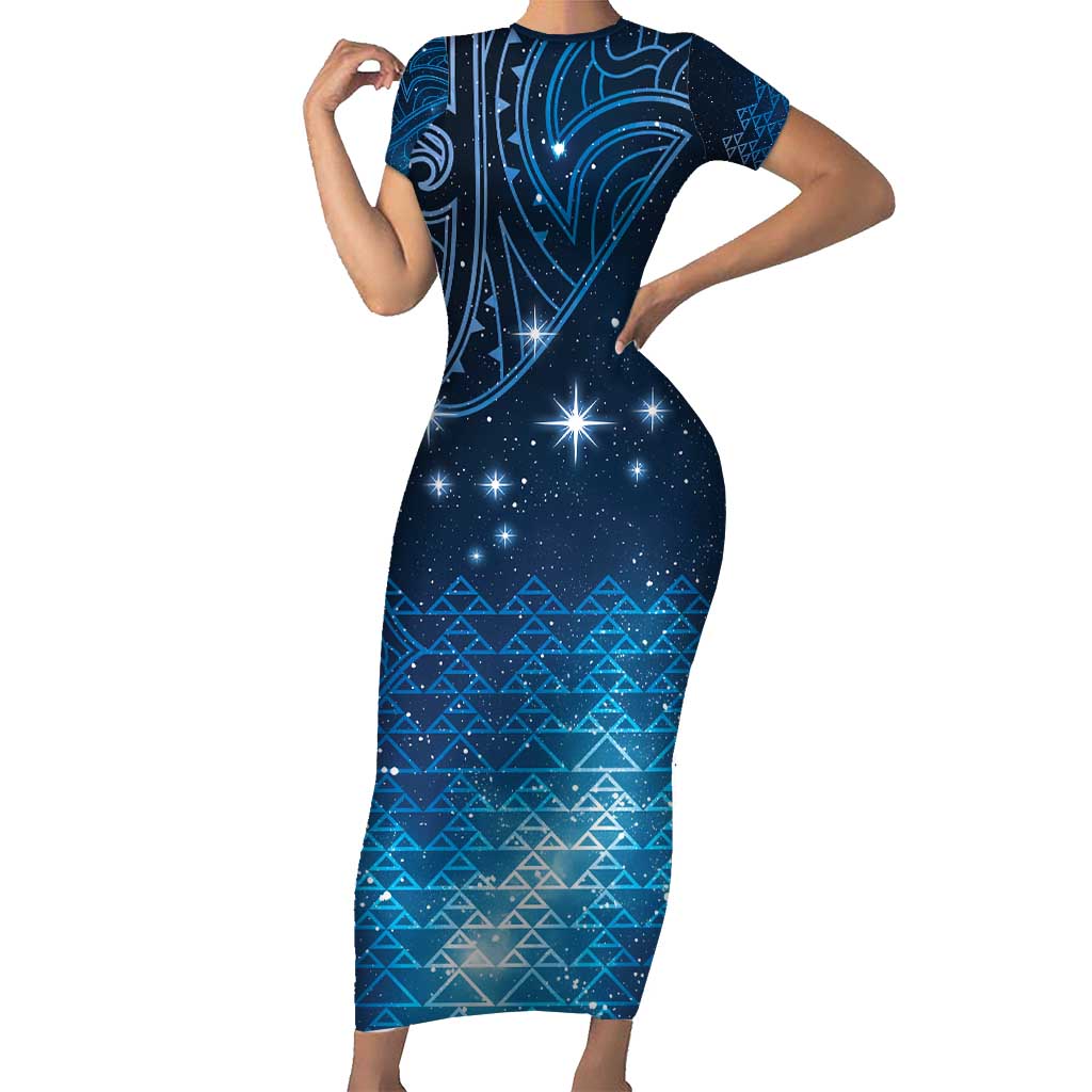 New Zealand Matariki Short Sleeve Bodycon Dress Taniko Aramoana With Maori Galaxy Sky Night