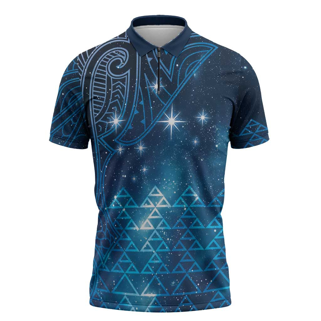 New Zealand Matariki Zipper Polo Shirt Taniko Aramoana With Maori Galaxy Sky Night LT9 Galaxy - Polynesian Pride