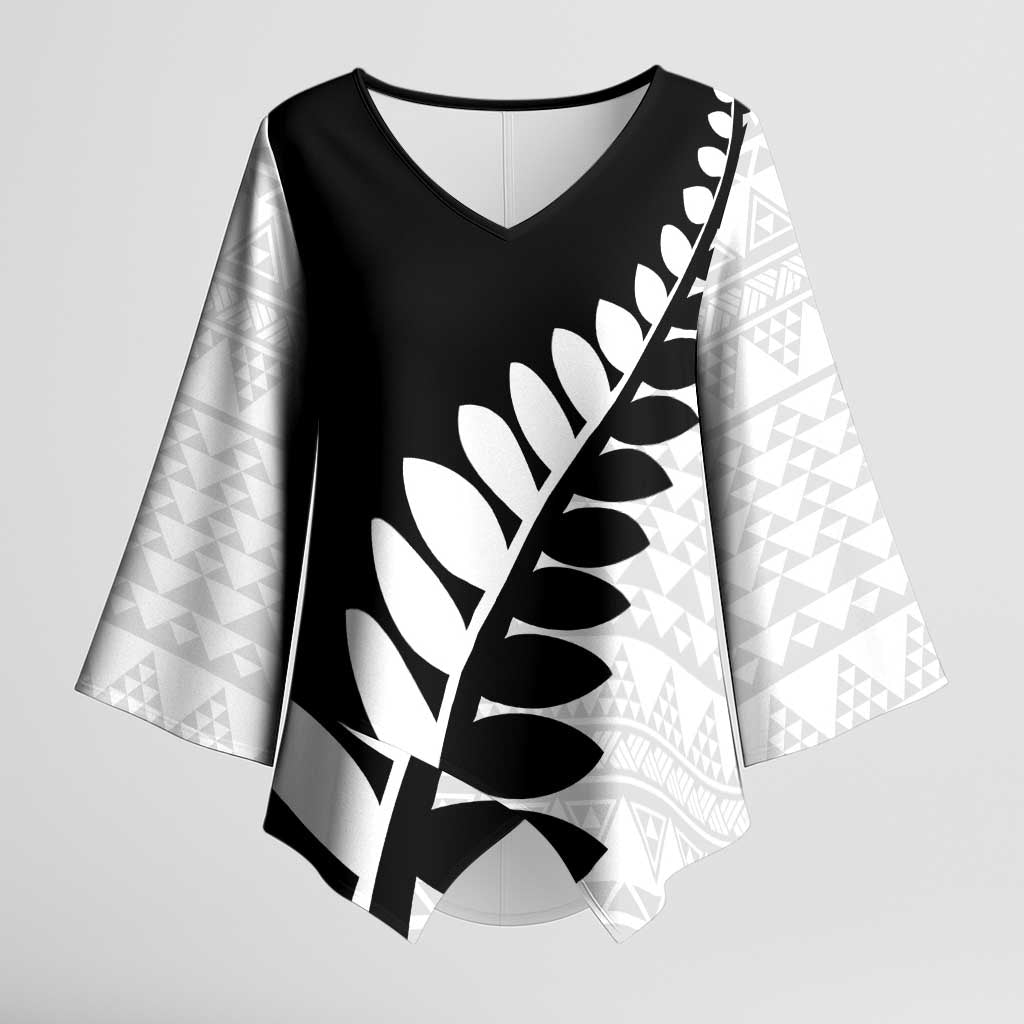 New Zealand Silver Fern Niho Taniwha Kimono Sleeve Blouse LT9 Female Black - Polynesian Pride