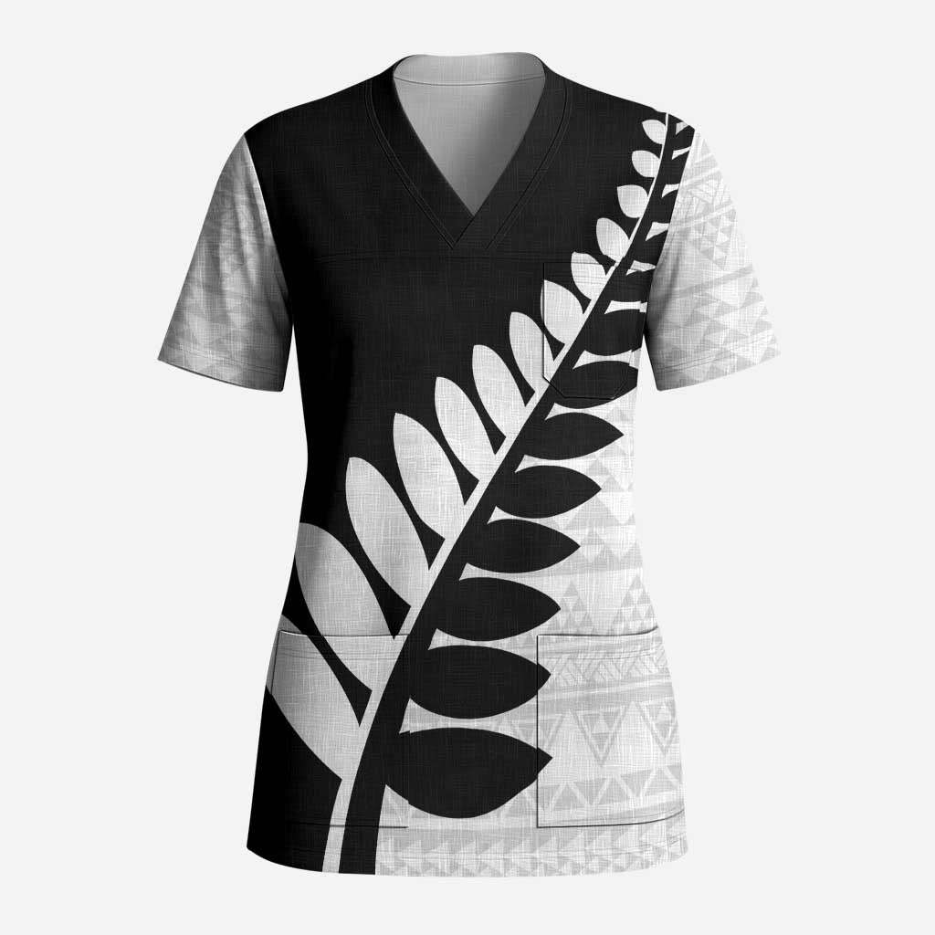 New Zealand Silver Fern Niho Taniwha Scrub Top LT9 Adult Black - Polynesian Pride