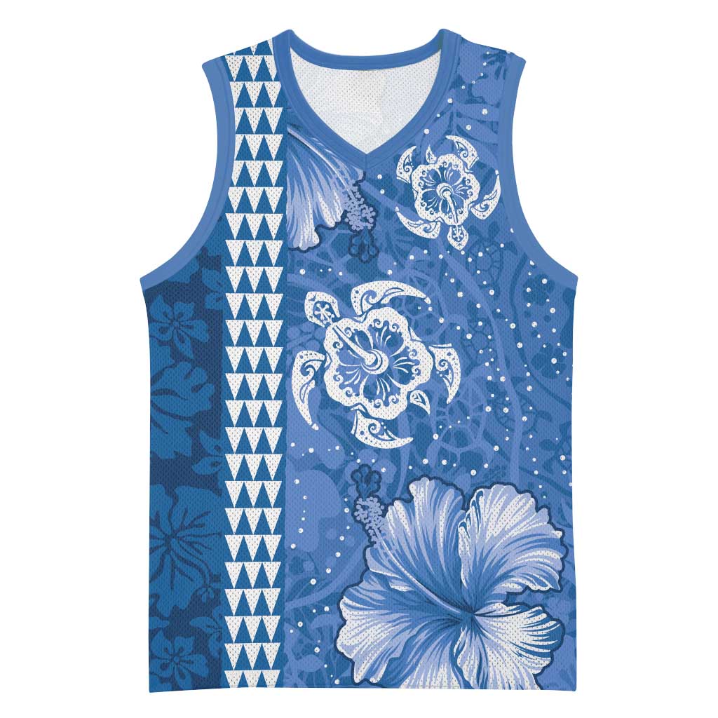 Blue Hibiscus Turle Basketball Jersey Hawaiian Style Tribal Tapa Pattern LT9 Unisex Blue - Polynesian Pride