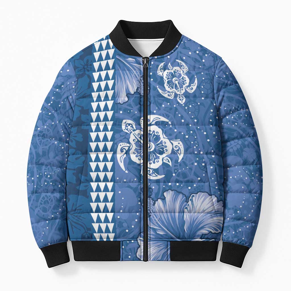 Blue Hibiscus Turle Bomber Puffer Jacket Hawaiian Style Tribal Tapa Pattern LT9 Unisex Blue - Polynesian Pride